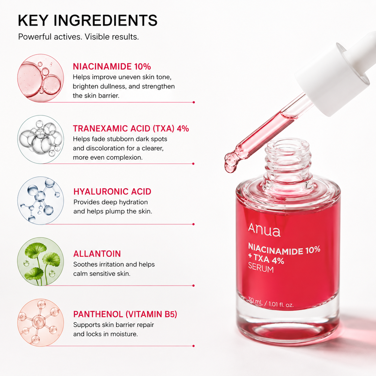ANUA Niacinamide 10% + TXA 4% serum key ingredients infographic