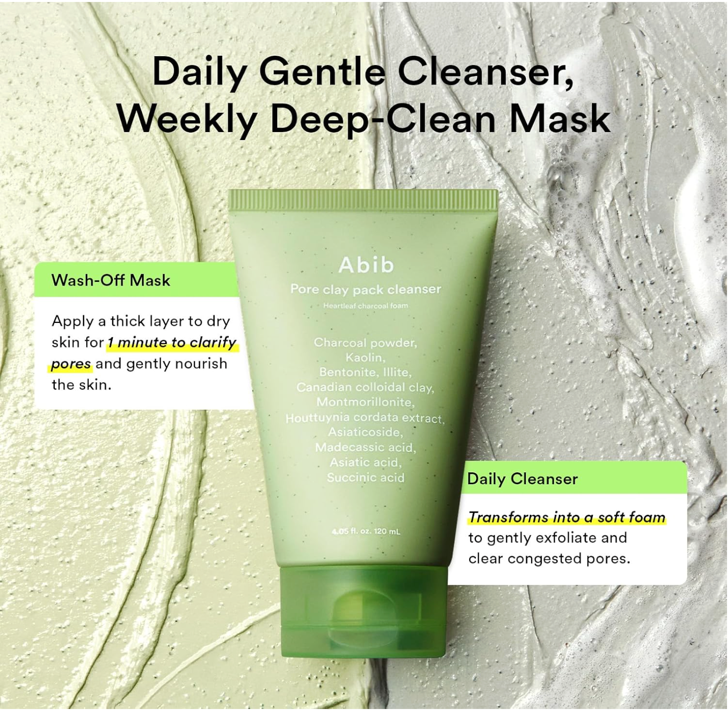 Abib Pore Clay Pack Cleanser Heartleaf Charcoal Foam 120ml