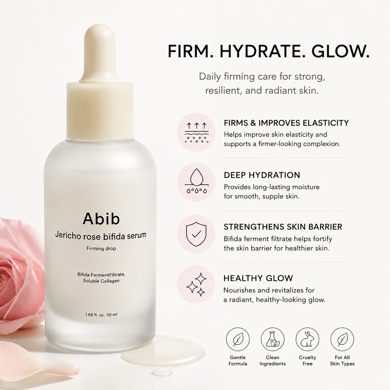 Abib Jericho Rose Bifida Serum Firming Drop 50ml | Collagen, Peptides & Bakuchiol Serum - BeautyVaultz