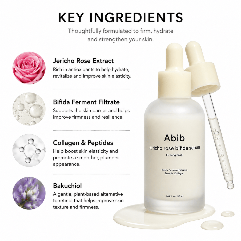 Abib Jericho Rose Bifida Serum Firming Drop 50ml | Collagen, Peptides & Bakuchiol Serum - BeautyVaultz