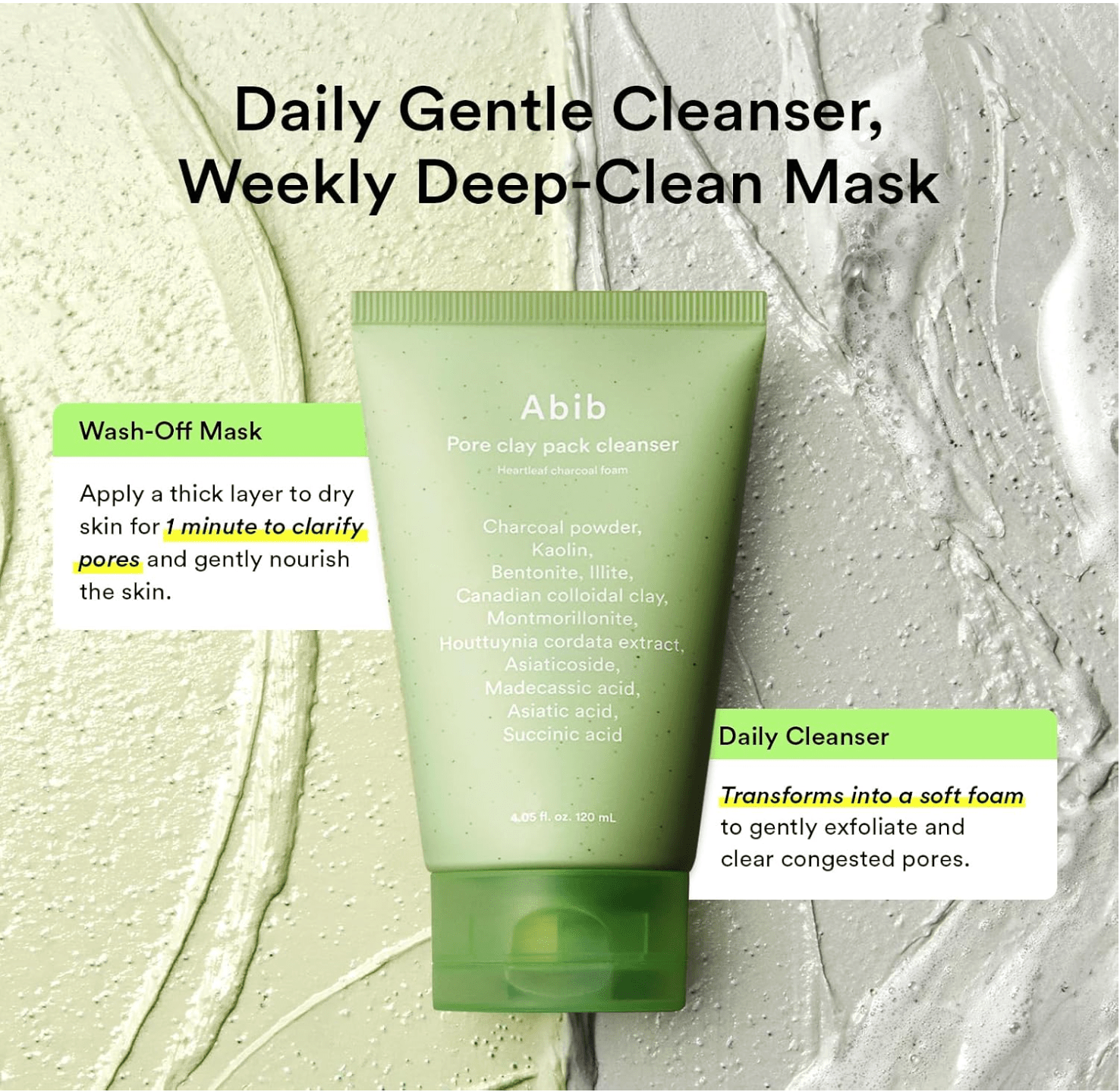 Abib Pore Clay Pack Cleanser Heartleaf Charcoal Foam 120ml - BeautyVaultz