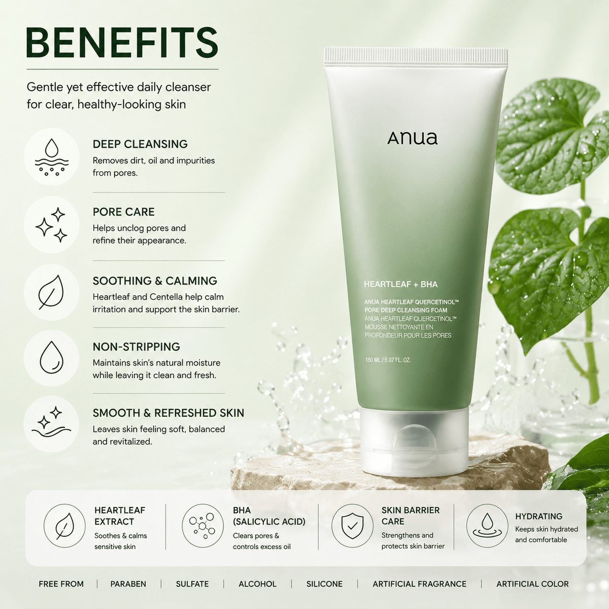 ANUA Heartleaf Quercetinol Pore Deep Cleansing Foam 150ml - BeautyVaultz